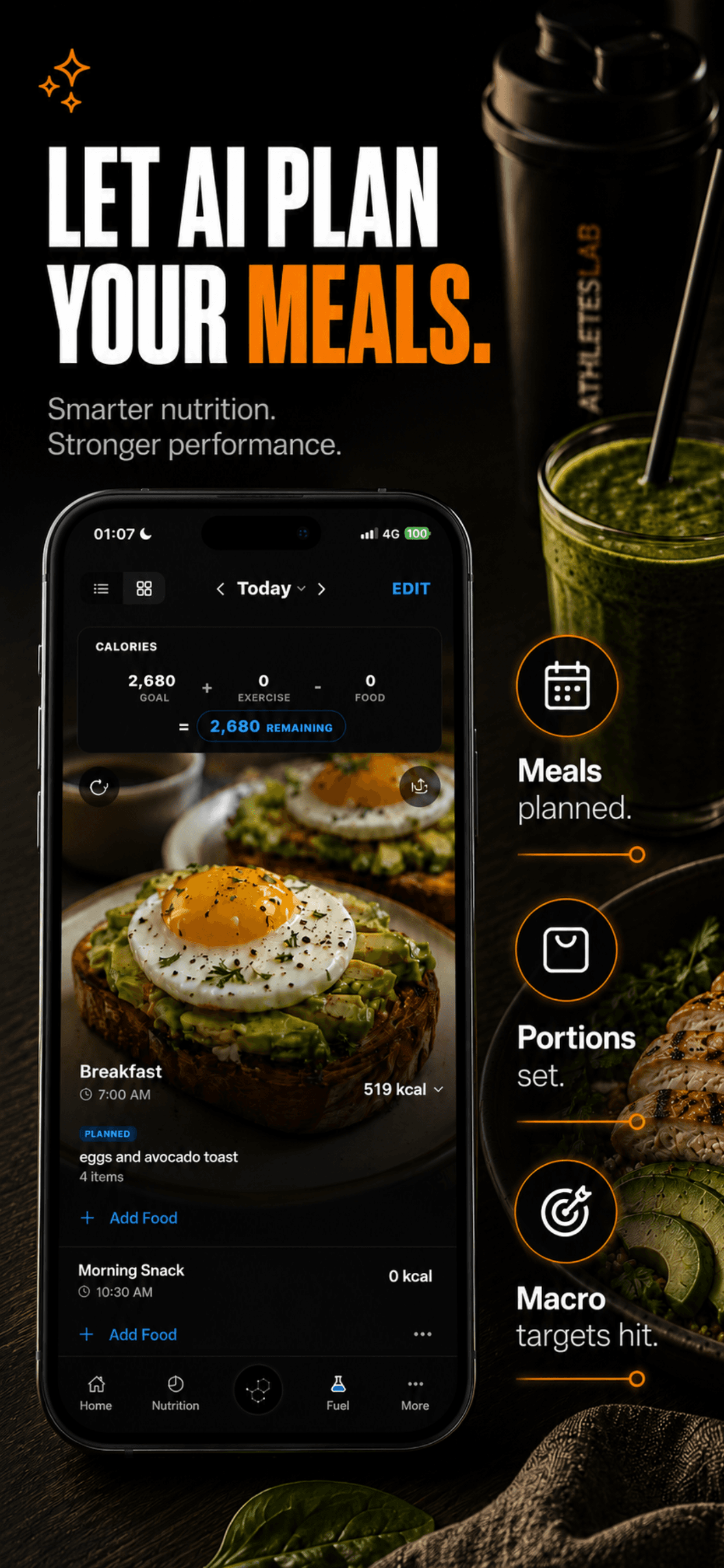 AthletesLab AI daily meal planner screen with macro-oriented breakfast and snack planning