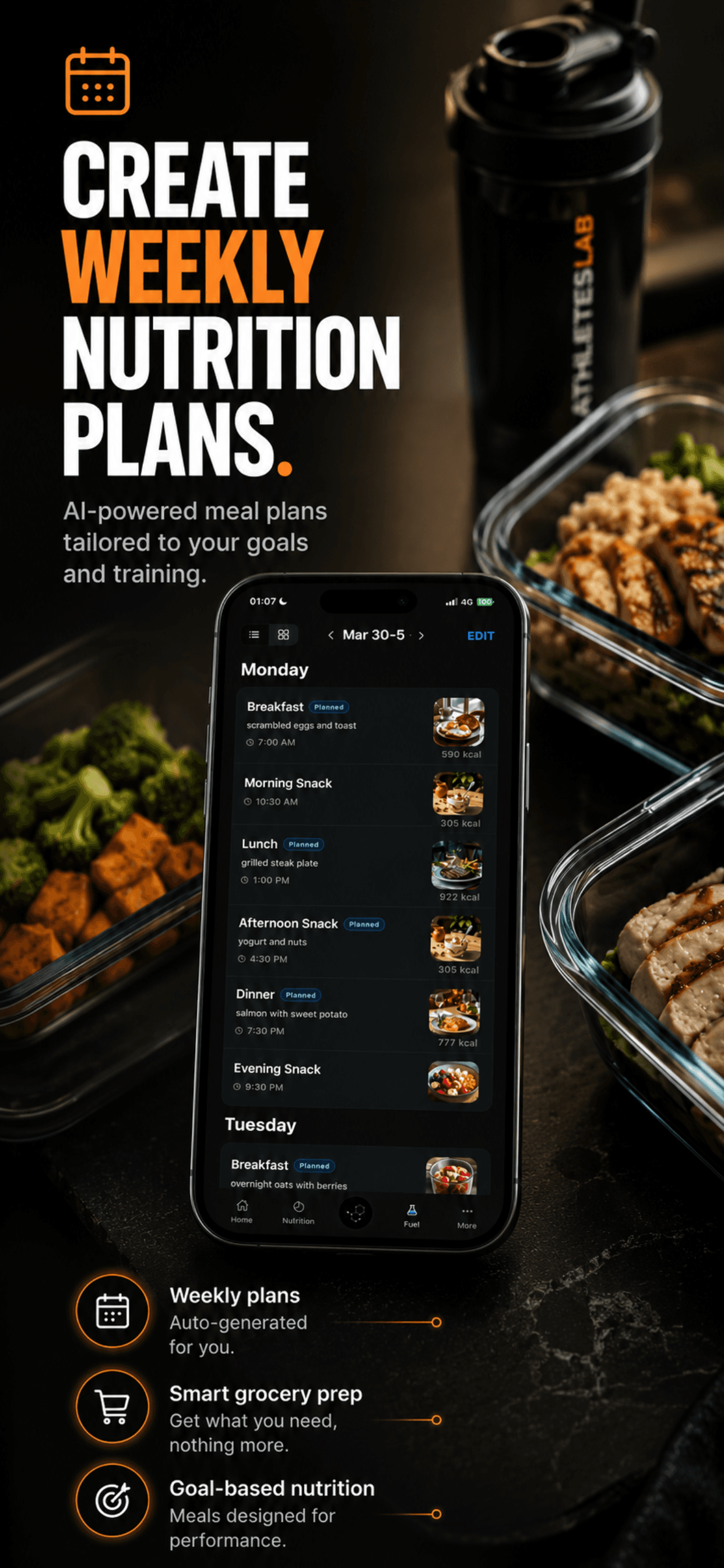 AthletesLab weekly nutrition schedule with planned meals across the day