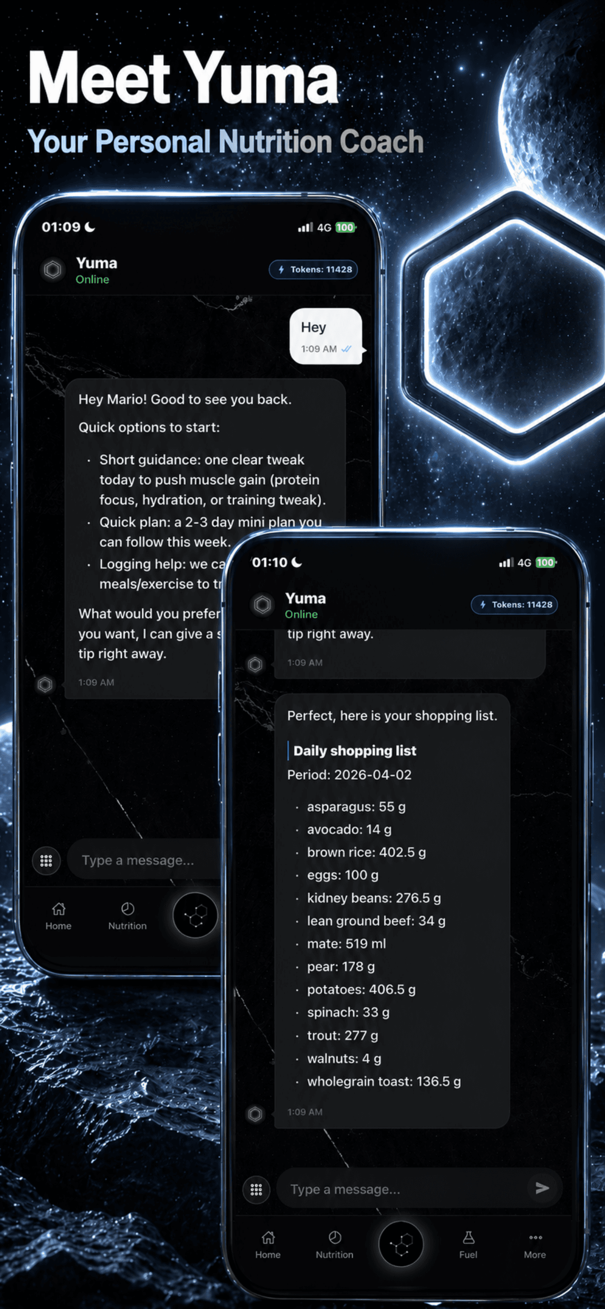 Yuma AI nutrition coach chat inside AthletesLab showing practical guidance and shopping list support
