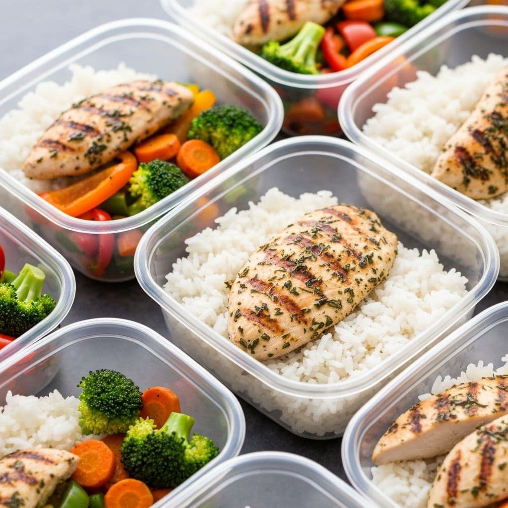 Meal prep containers with chicken and rice